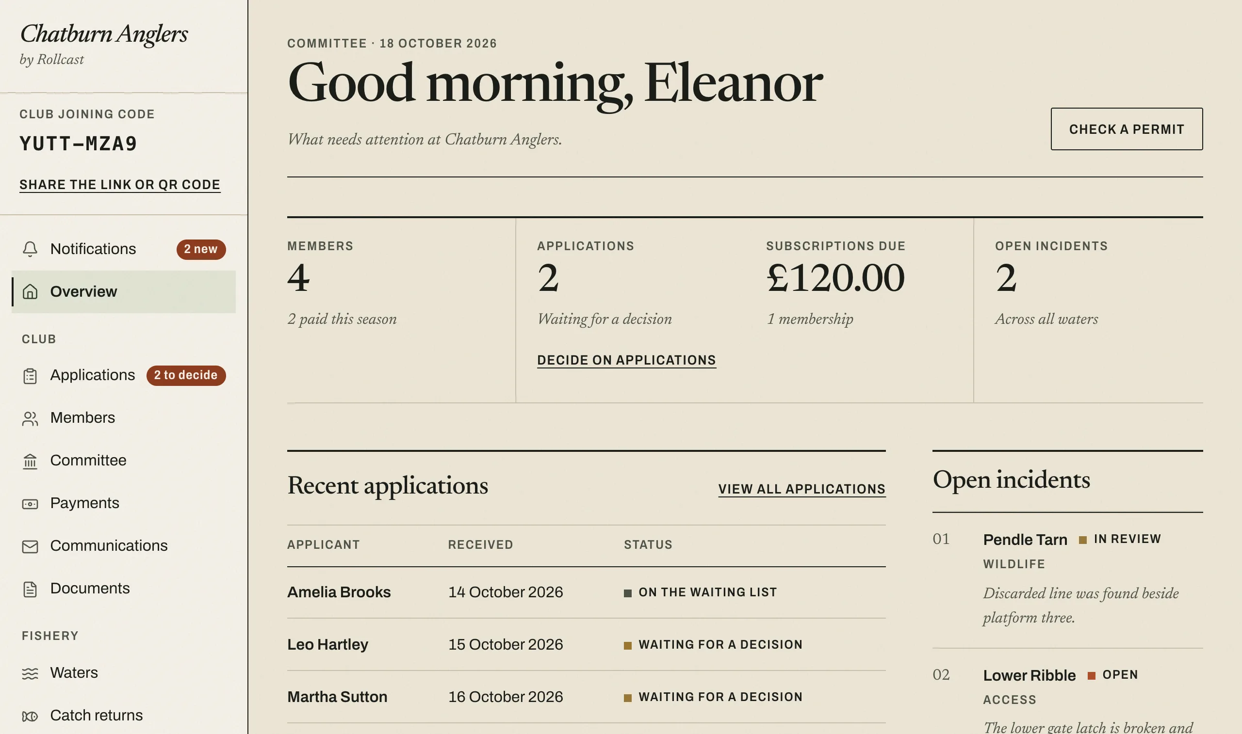 The committee home, with counts of members, applications and incidents, and a list of recent applications showing which are waiting for a decision.