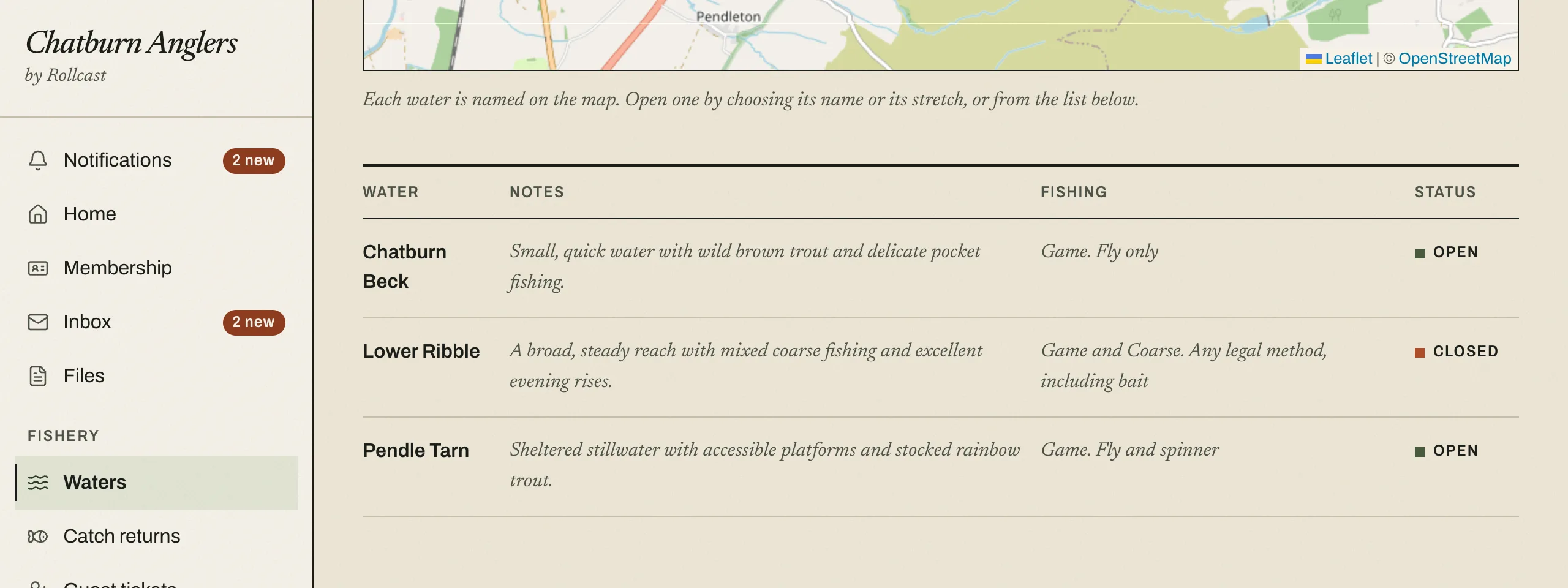 The fishing waters list for a club, with each water, a short note, the fishing allowed, and whether it is open or closed.